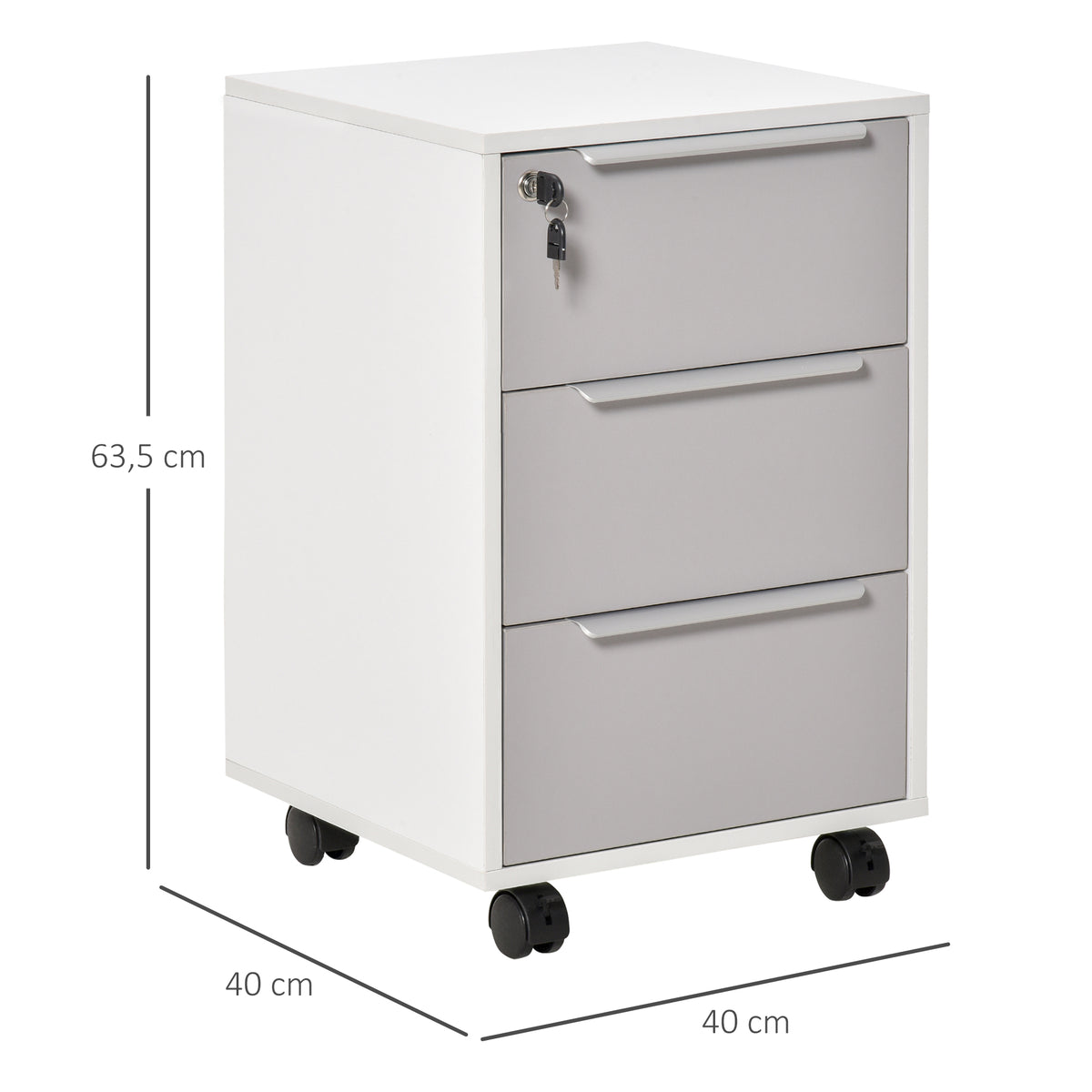 Bloco de Gavetas Móvel de Escritório com 3 Gavetas Fechadura Rodas e Travão para Documentos Arquivos 40x40x63,5 cm Branco e Cinza — foto 3