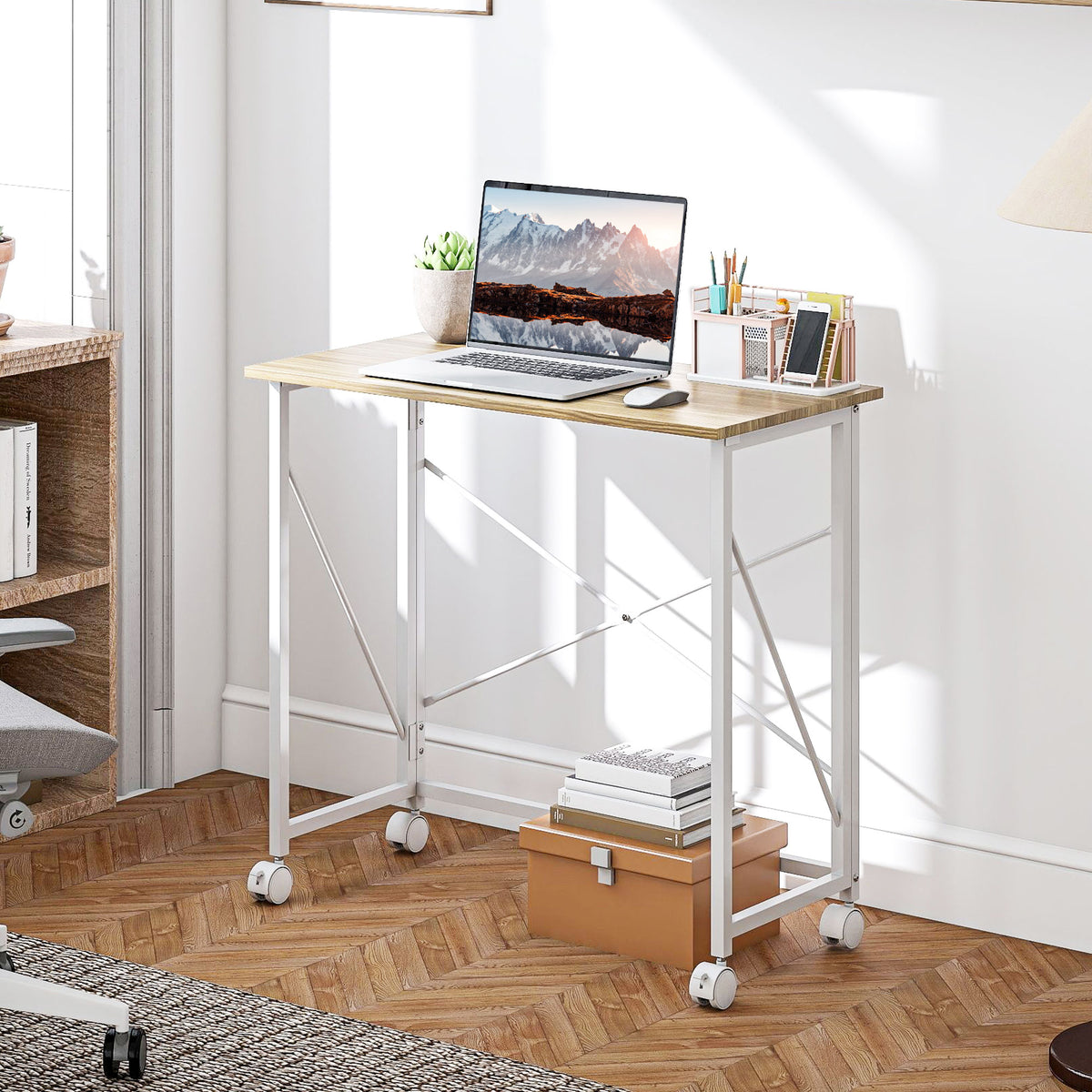 Secretária Dobrável com Rodas Mesa de Secretária Compacta Mesa para Computador Portátil para Casa Escritório Espaços Pequenos 80x40x75 cm Madeira e Branco — foto 2
