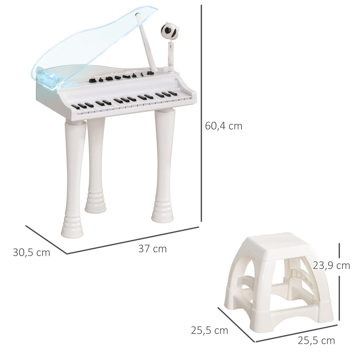 Piano Eletrónico para Crianças com 32 Teclas Piano com Microfone Banco Luzes 22 Músicas 4 Tons Pés Amovíveis e Volume Ajustável 37x30,5x60,4 cm Branco — foto 3