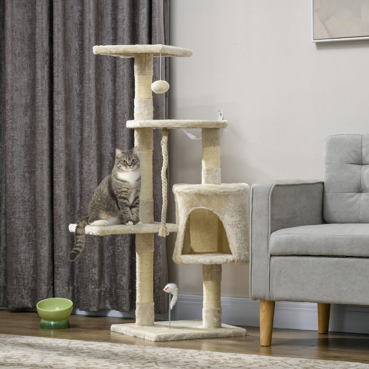 Árvore Arranhador para Gatos 112 cm com 4 Níveis Poste de Sisal Caverna Espaçosa Múltiplas Plataformas e Brinquedos Divertidos 75x40x112 cm Bege — foto 2