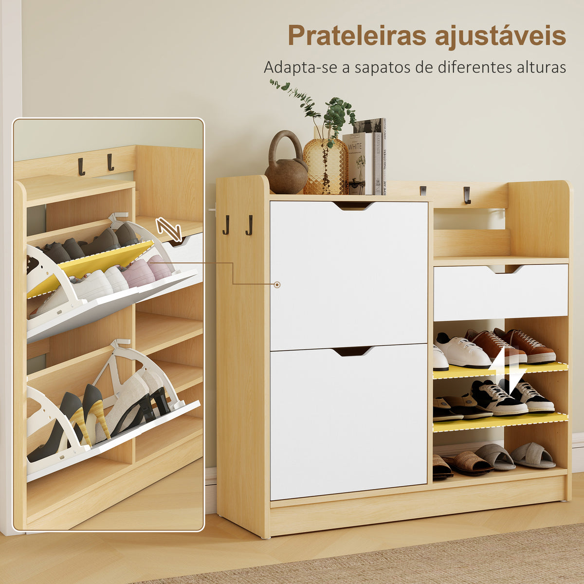 Sapateira Estreita com 2 Portas Sapateira para Entrada com Prateleiras Ajustáveis Gaveta Prateleiras Abertas 4 Ganchos para 14 Pares de Sapatos 93x30x90 cm Madeira e Branco — foto 5