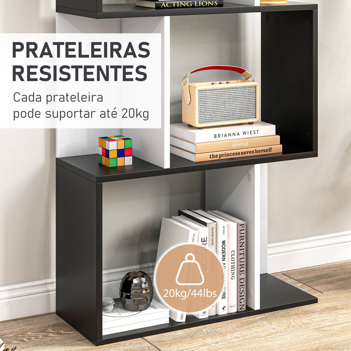 Estante de 5 Níveis, Biblioteca, Estante para Livros em Forma de S, para Sala, Quarto, Escritório, 24x60x184,5 cm, Branco e Preto — foto 5