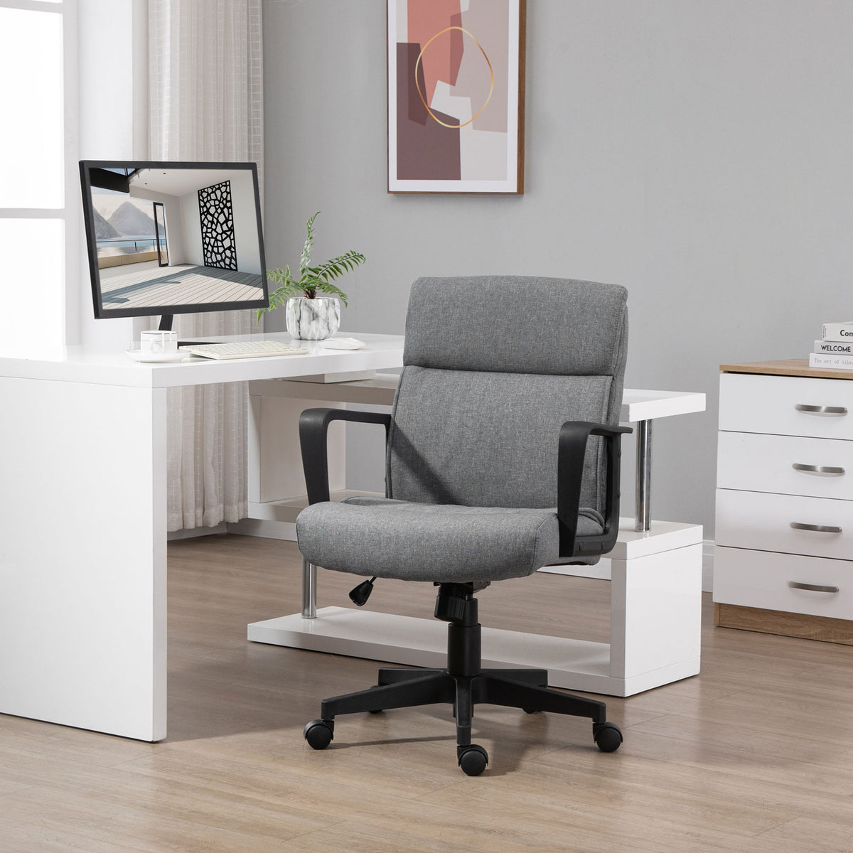Cadeira de Escritório Operativa Giratória 360° com Altura Ajustável Apoio para os Braços Encosto Acolchoado e Estofado em Linho 60x68x92-101,5cm Cinza — foto 2