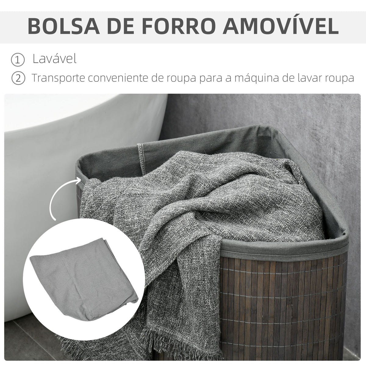 Cesto de Roupa de Bambu Capacidade de 55L Cesto para Roupa Suja em Forma de Leque com Tampa e Bolsa Amovível 38x38x57 cm Cinza — foto 5