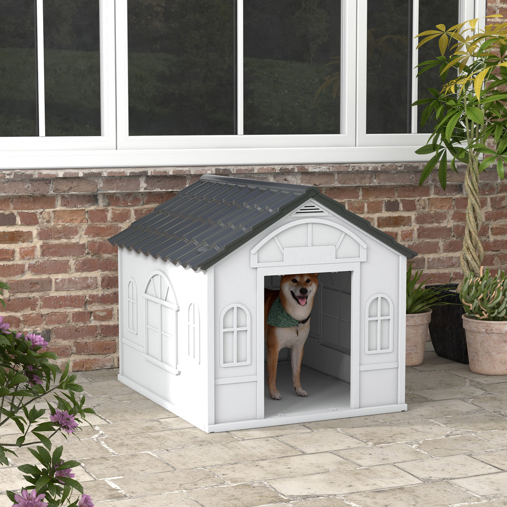 Casa para Cães 84,2x98,2x82 cm Casa para Cães com Janelas e Teto com Imitação de Telhas Casota para Cães Cinza — foto 2