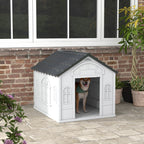 Casa para Cães 84,2x98,2x82 cm Casa para Cães com Janelas e Teto com Imitação de Telhas Casota para Cães Cinza — foto 2