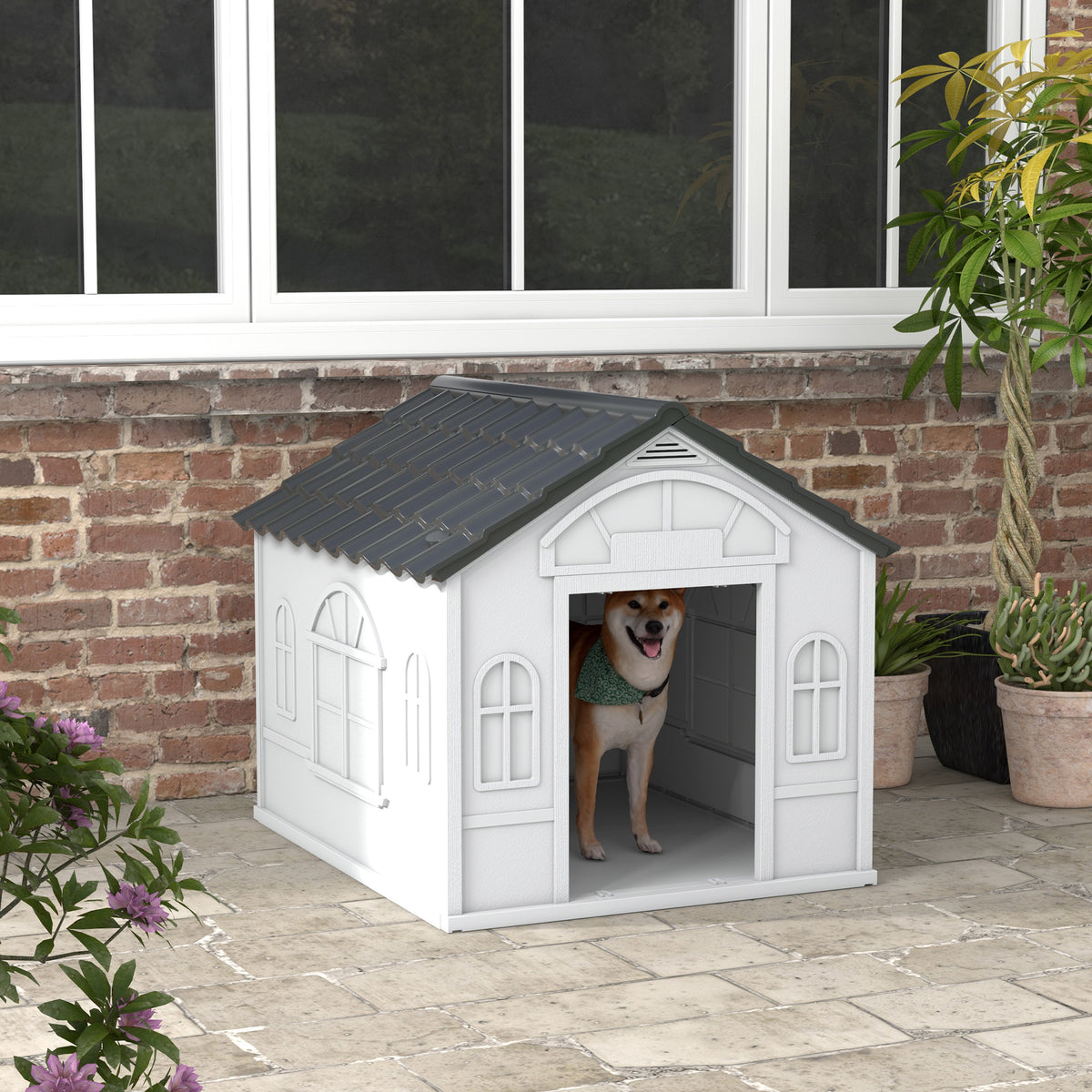 Casa para Cães 84,2x98,2x82 cm Casa para Cães com Janelas e Teto com Imitação de Telhas Casota para Cães Cinza — foto 2