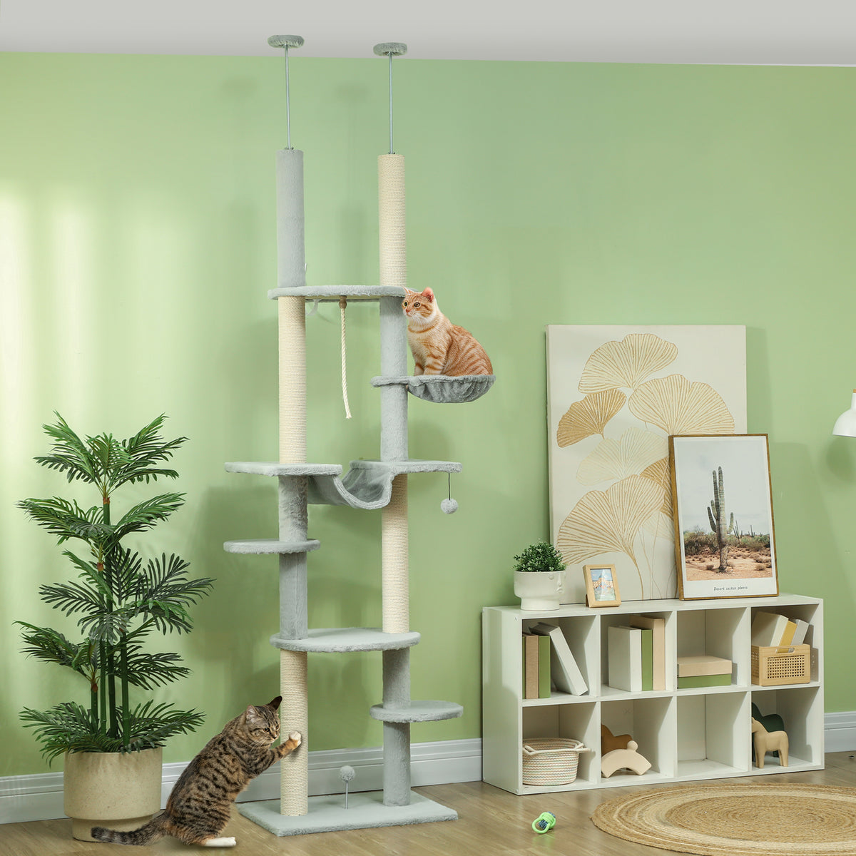 Arranhador para Gatos do Chão ao Teto 225-255 cm Arranhador para Gatos com 7 Níveis Rede Plataformas Postes de Arranhar Bola Suspensa Cinza — foto 2
