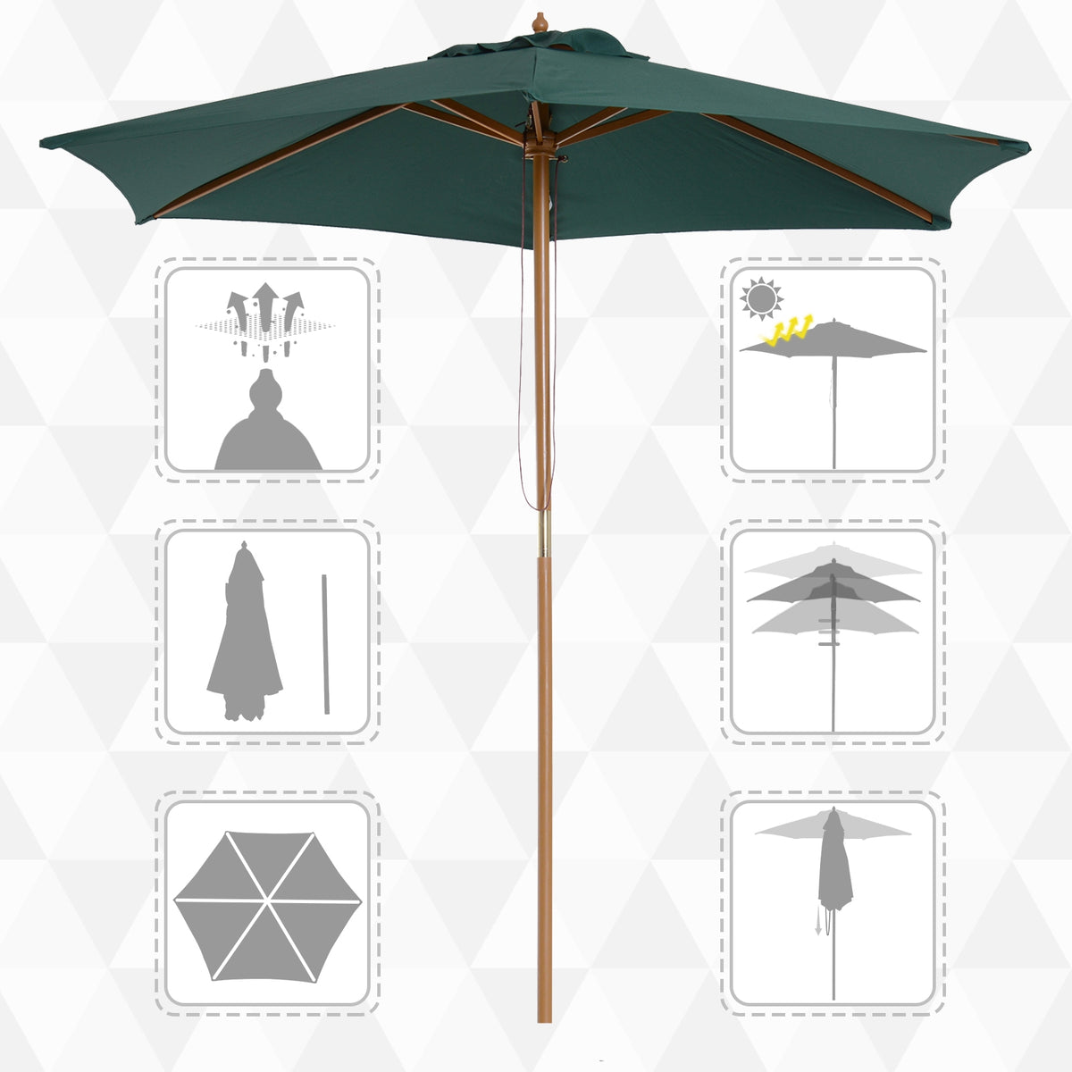 Chapéu de Sol Ø250x230cm Chapéu de Sol com Mastro de Madeira com 6 Hastes Sistema de Polia com Fixação para Jardim Pátio Terraço Verde — foto 4