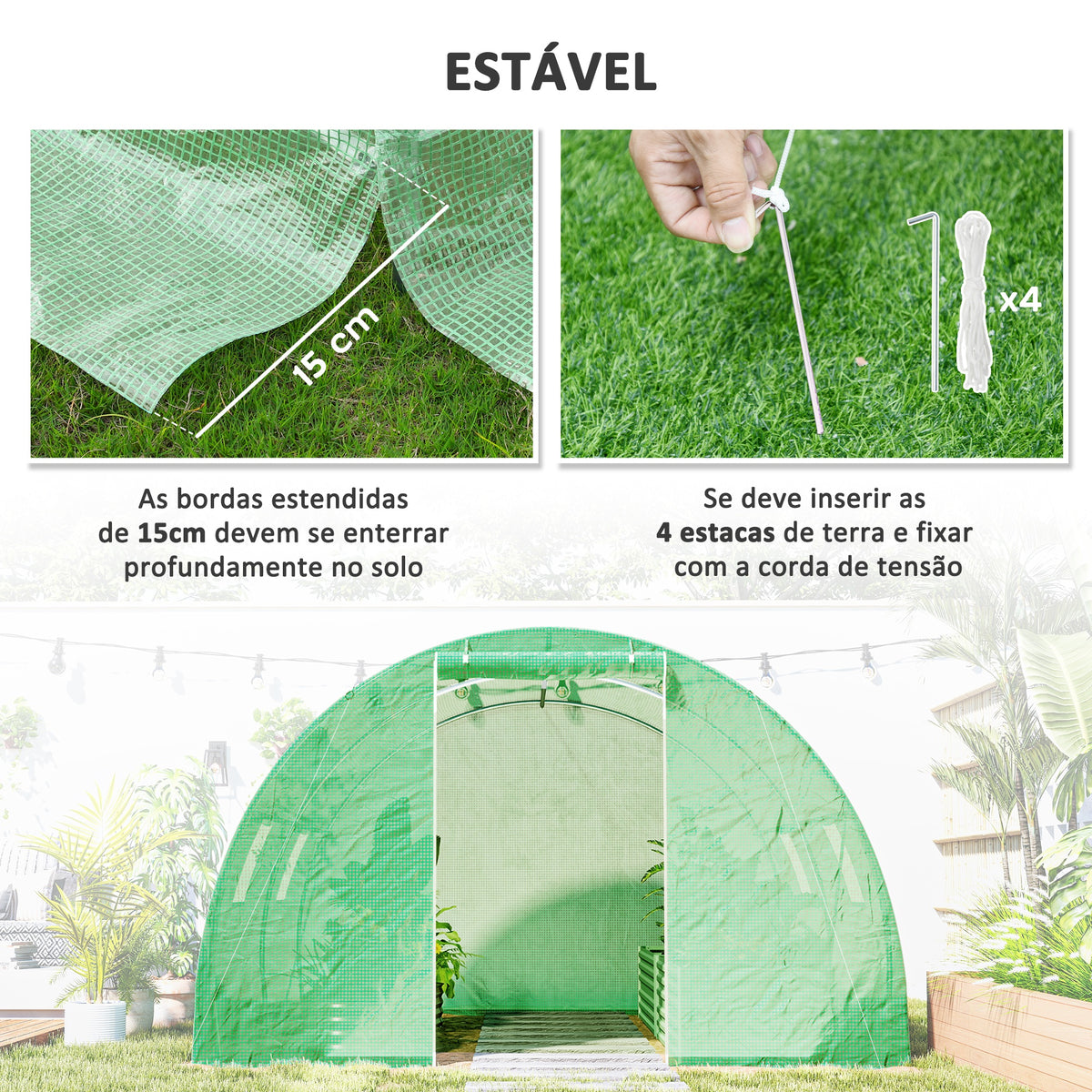 Estufa Tipo Túnel 3x3x2 m Estufa de Exterior com Paredes Laterais Enroláveis 4 Janelas de Malha e Porta Enrolável com Fecho de Correr para Jardim Pátio Verde — foto 5
