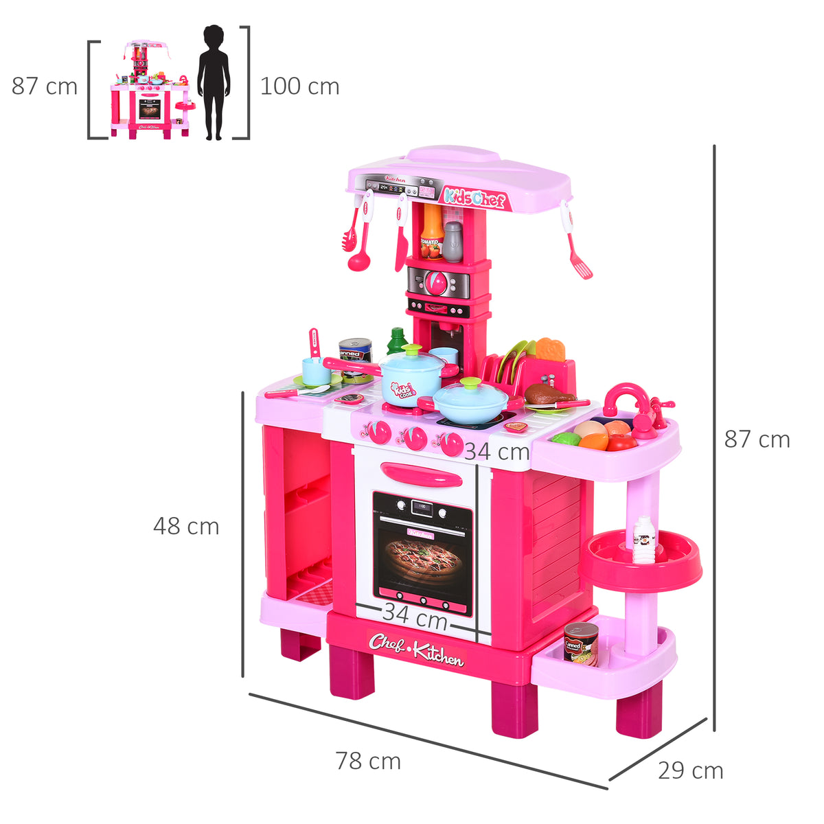 Cozinha para Crianças acima de 3 Anos Cozinha Infantil com 38 Acessórios Luz Som 78x29x87 cm Rosa — foto 3