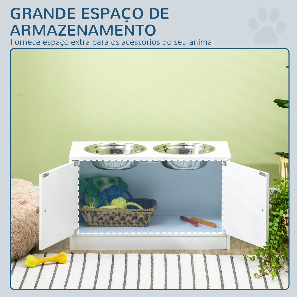 Comedouro Elevado para Cães Grandes com 2 Tigelas de 2000ml de Aço Inoxidável Comedouro para Cães com 2 Portas e Armazenamento Oculto 60x30x35,5cm Branco — foto 5