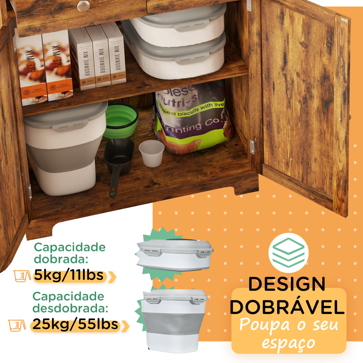 Recipiente de alimentação dobrável de 25l, recipiente de comida para cães com rodas, copo de medição, tigela dobrável e colher, recipiente de comida para animais de estimação, gatos, cinza — foto 5
