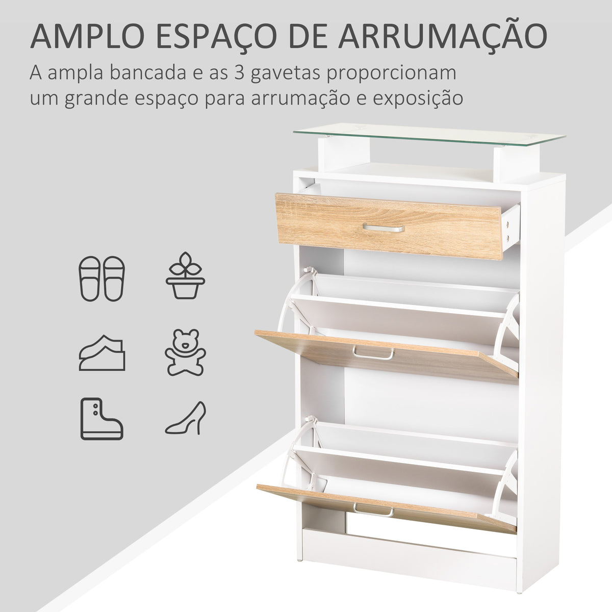 Móvel Sapateira de 2 Portas Sapateira Estreita para 12 Pares de Sapatos com Gaveta Prateleira Aberta e Bancada de Vidro para Corredor Entrada Carga Máx. 50kg 60x24x105,5cm Branco — foto 4