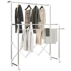 Estendal Vertical Dobrável de 3 Níveis Estendal de Aço Inoxidável com 3 Barras Ajustáveis e Extensíveis 4 Rodas para Interior 104-150x103x145-197 cm Prateado — foto 1