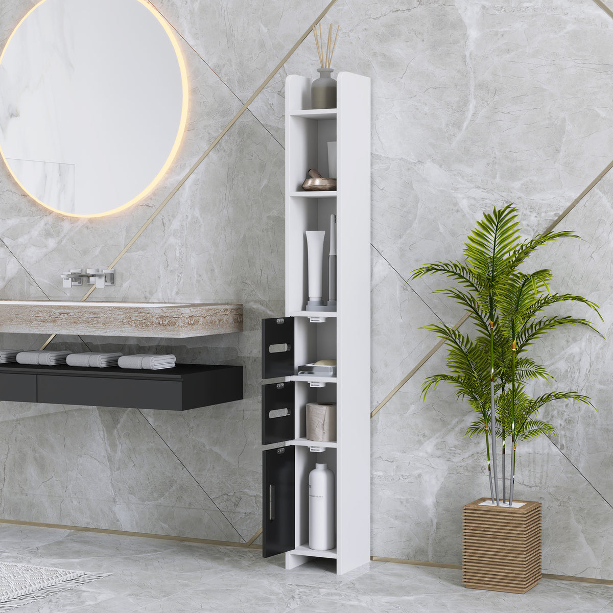 Coluna Casa de Banho com 3 Portas e 3 Prateleiras Abertas Coluna Auxiliar para Sala de Estar Casa de Banho Dormitório Estilo Moderno 15x17x120 cm Branco e Preto — foto 2