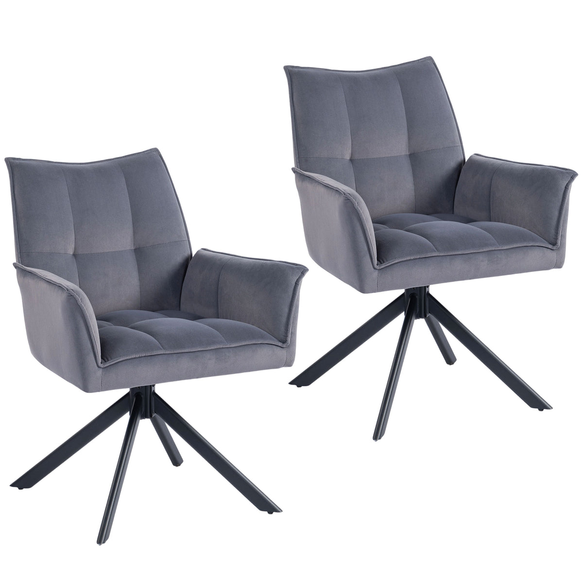 Conjunto de 2 Cadeiras de Refeição Giratórias 360° Cadeiras de Cozinha com Apoio de Braços Encosto Estofado Estofamento em Veludo Pés em Aço para Escritório Conferência Sala de Estar 63x64x85 cm Cinza — foto 1