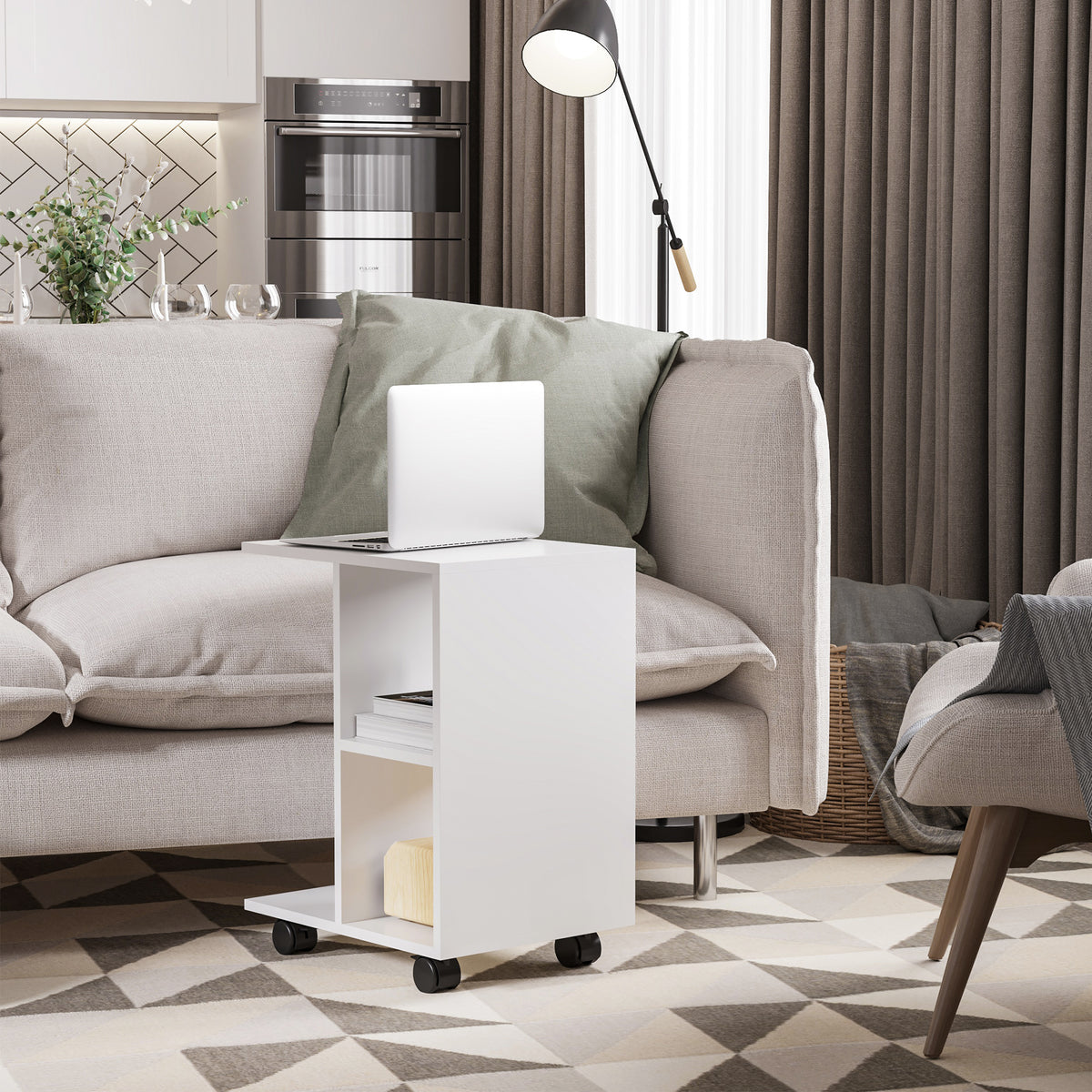 Mesa Auxiliar Moderna Mesa Auxiliar em Forma de C com Rodas e Prateleiras Abertas para Sala de Estar Dormitório 45x35x58 cm Branco — foto 2