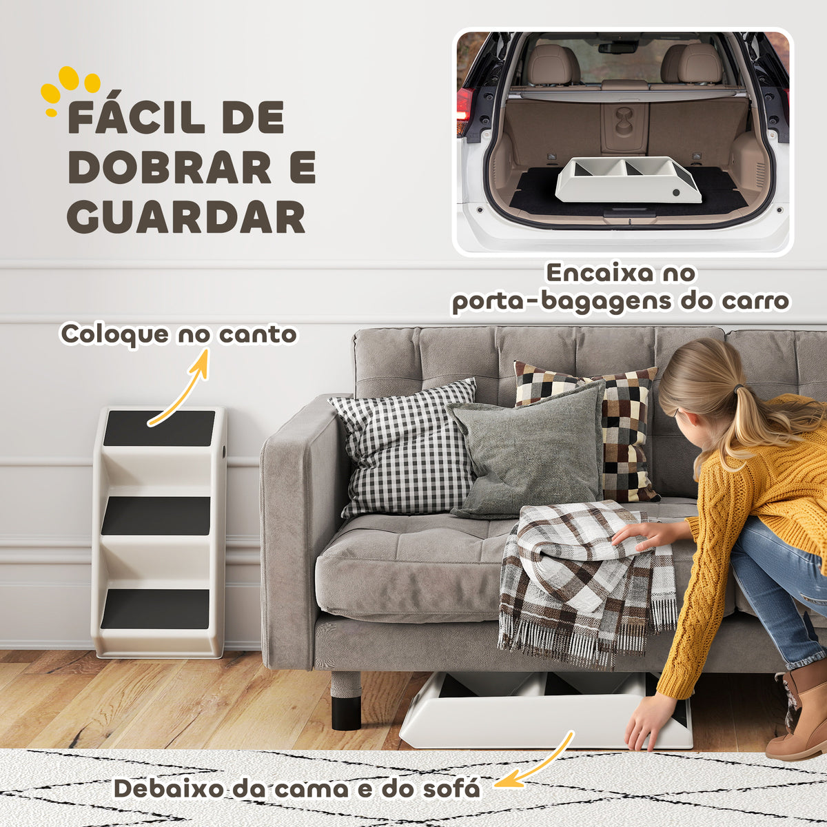 Escada Dobrável para Cães de 3 Degraus Portátil para Animais Mais Velhos Cães Pequenos Gatos para Cama Sofá 53x30,5x36,5 cm Creme — foto 5
