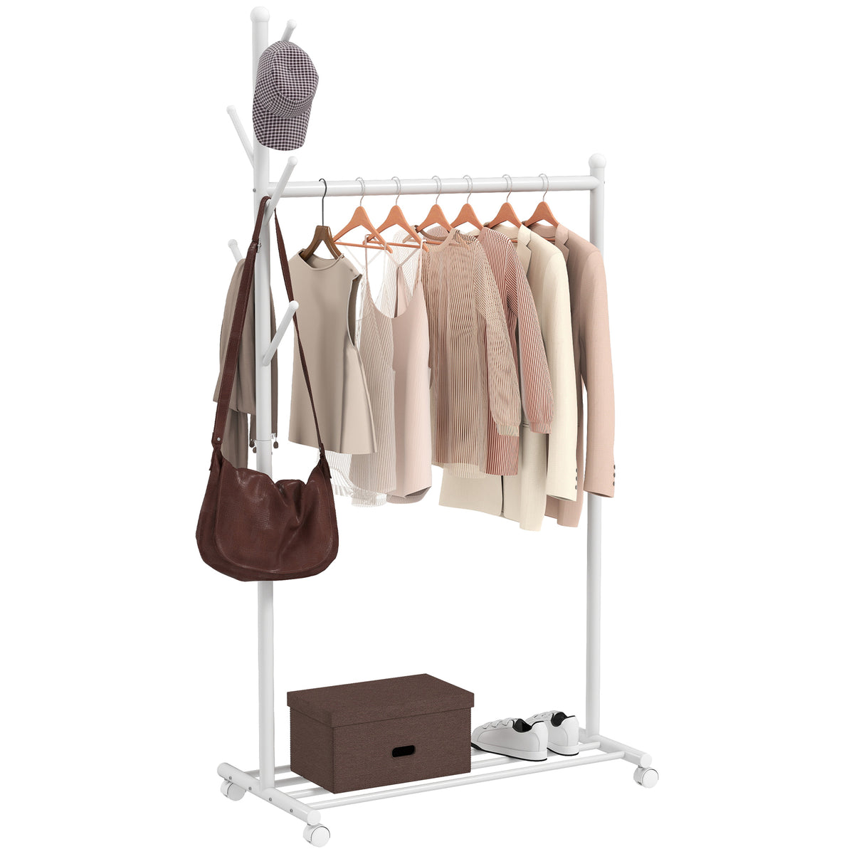 Charriot com Rodas Charriot com 5 Ganchos Barra para Pendurar e Prateleira Inferior Charriot para Dormitório Lavandaria 86x43x171 cm Branco — foto 1