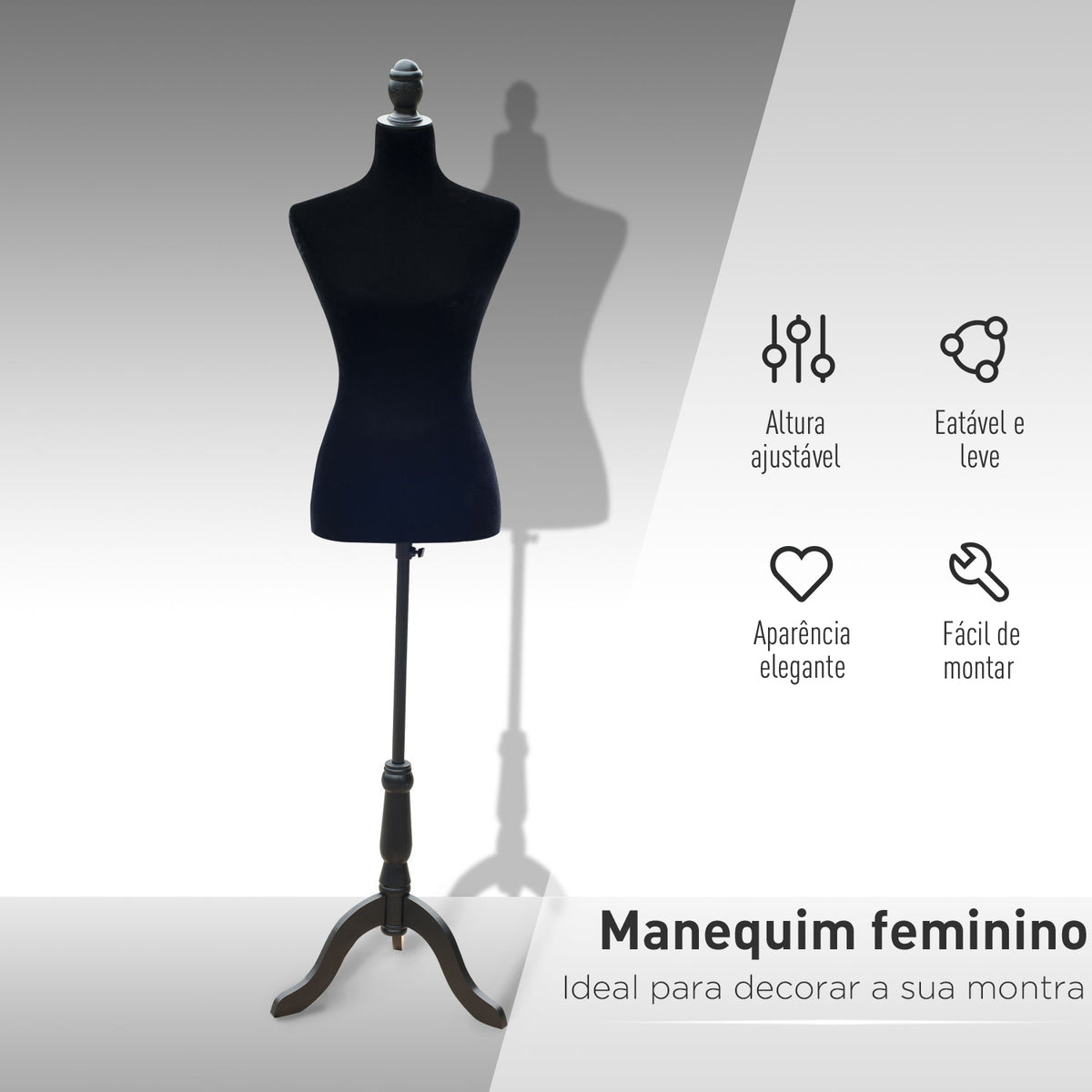 Manequim de Costura Feminino Manequim de Costura Ajustável a 130-168 cm com Tripé de Madeira para Fotografia de Moda Exposição de Roupas Preto - Madeira — foto 4
