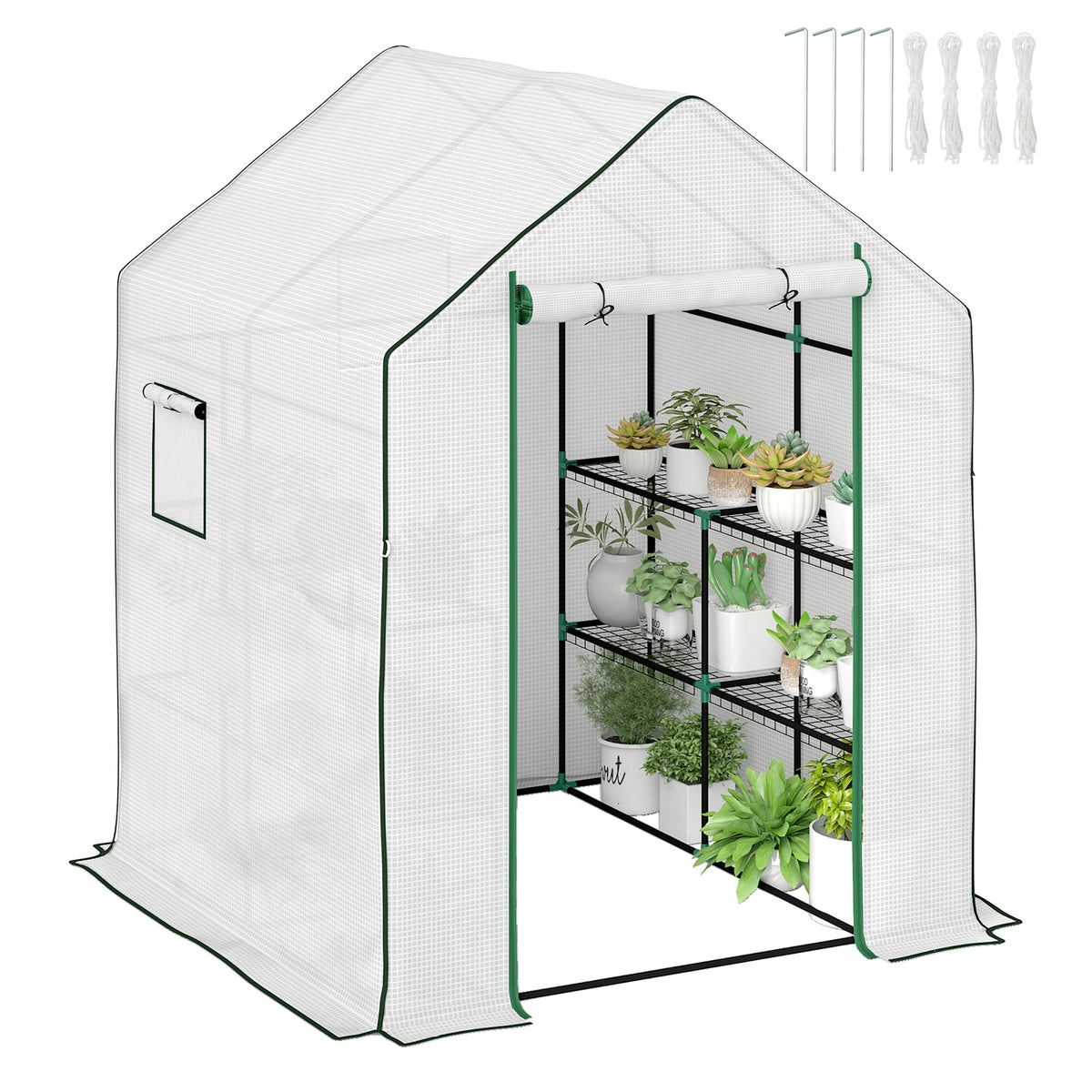 Estufa de Jardim Pequena de 3 Níveis com 6 Prateleiras Porta Enrolável Capa de PE e Estrutura de Aço para Cultivo de Plantas e Flores 140x143x190 cm Branco — foto 1