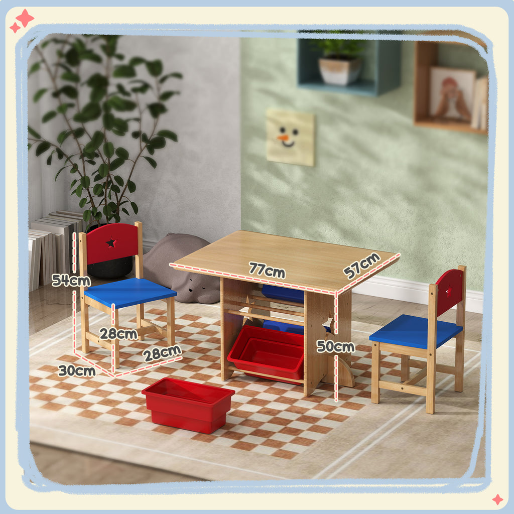 Mesa e Cadeiras para Crianças de 3 Peças Mesa Infantil com 2 Cadeiras e 4 Cestos de Arrumação Conjunto de Móveis para Crianças acima de 3 Anos para Sala de Jogos Madeira — foto 3