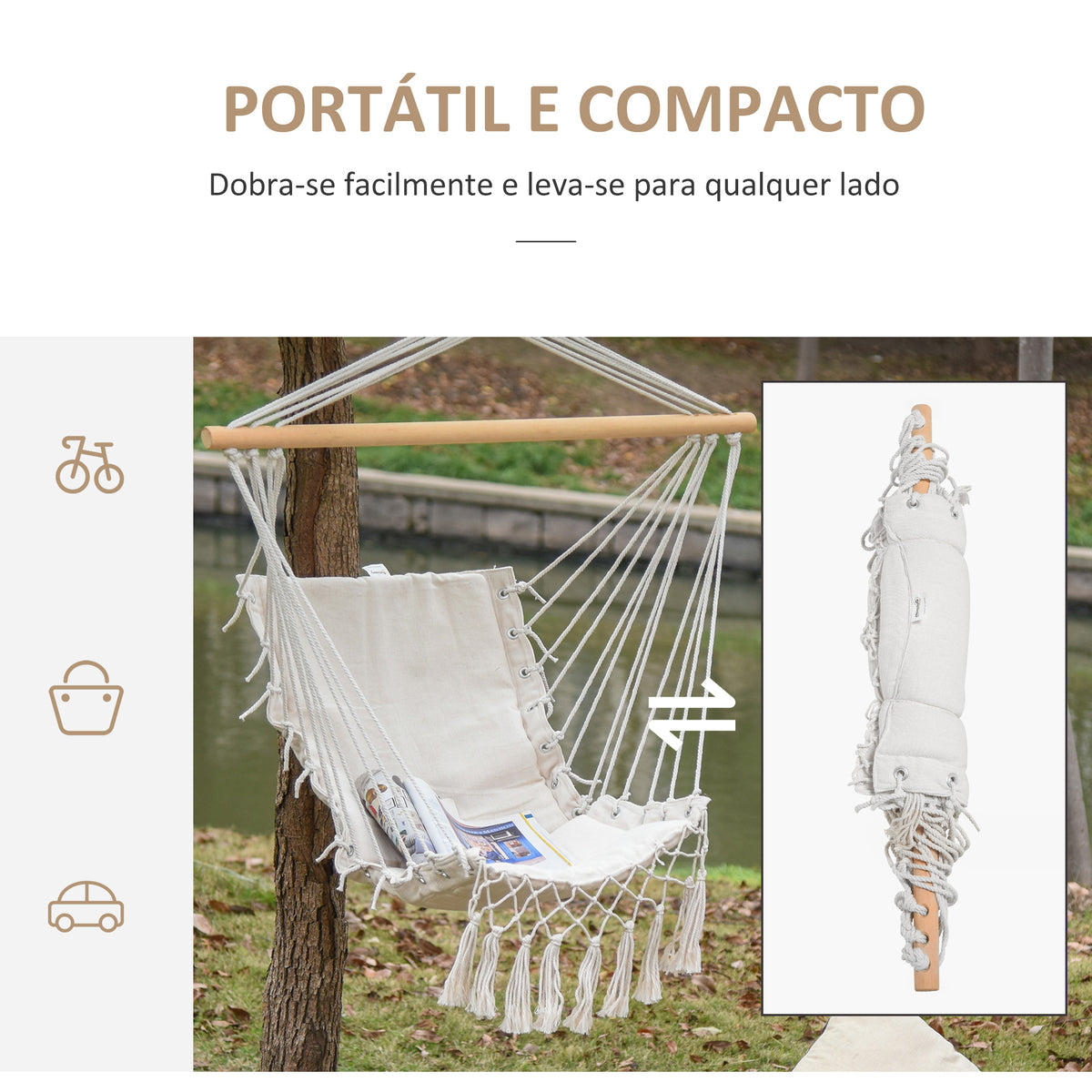 Cadeira Suspensa com Borlas Cadeira Rede Suspensa de Algodão Capacidade 120 kg Cadeira Baloiço Estilo Moderno para Interior e Exterior 90x50 cm Bege — foto 5