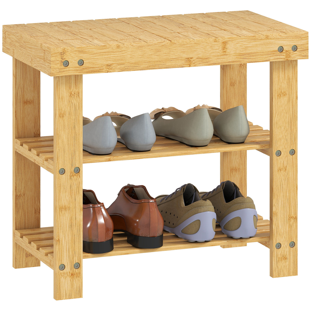 Banco Sapateira de Bambu Sapateira com Assento Organizador de Sapatos com 2 Prateleiras para 4 Pares de Sapatos para Entrada Sala de Estar Dormitório 50x28x45 cm Madeira — foto 1