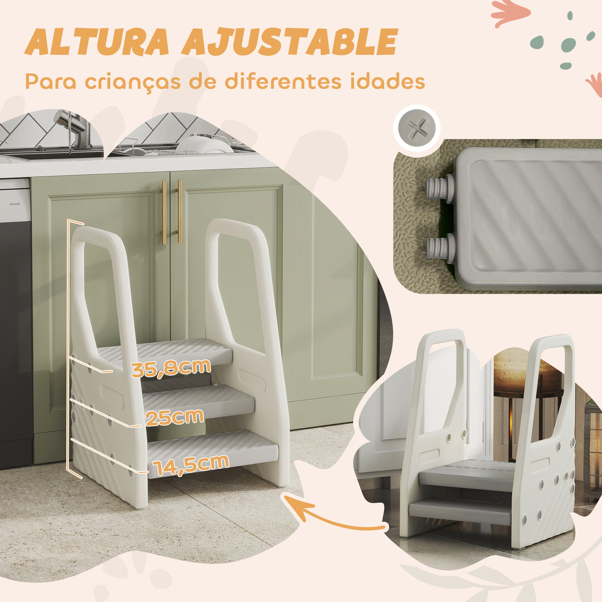 Banco Infantil Ajustável de 2 a 3 Degraus Torre de Aprendizagem Escada para Crianças de 2-5 Anos Superfície Antiderrapante para Casa de Banho Cozinha Quarto 43x42x65,5 cm Cinzento — foto 4