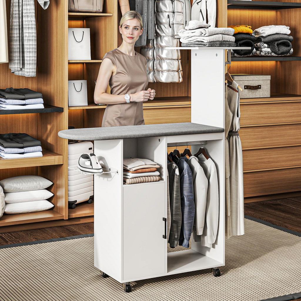 Móvel de Engomar Roupa com Rodas e Suporte Lateral Móvel de Passagem com Tábua de Passar Barra para Roupa Prateleira Ajustável 127,5x43,5x153 cm Branco — foto 2
