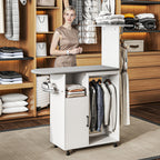 Móvel de Engomar Roupa com Rodas e Suporte Lateral Móvel de Passagem com Tábua de Passar Barra para Roupa Prateleira Ajustável 127,5x43,5x153 cm Branco — foto 2