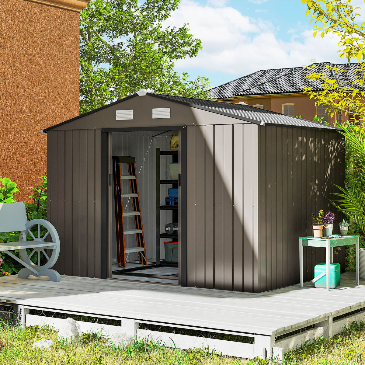 Abrigo de Jardim Exterior Abrigo e Jardim Metálico para Armazenamento de Ferramentas com Base Incluída e 4 Janelas 277x195x192 cm Madeira — foto 2