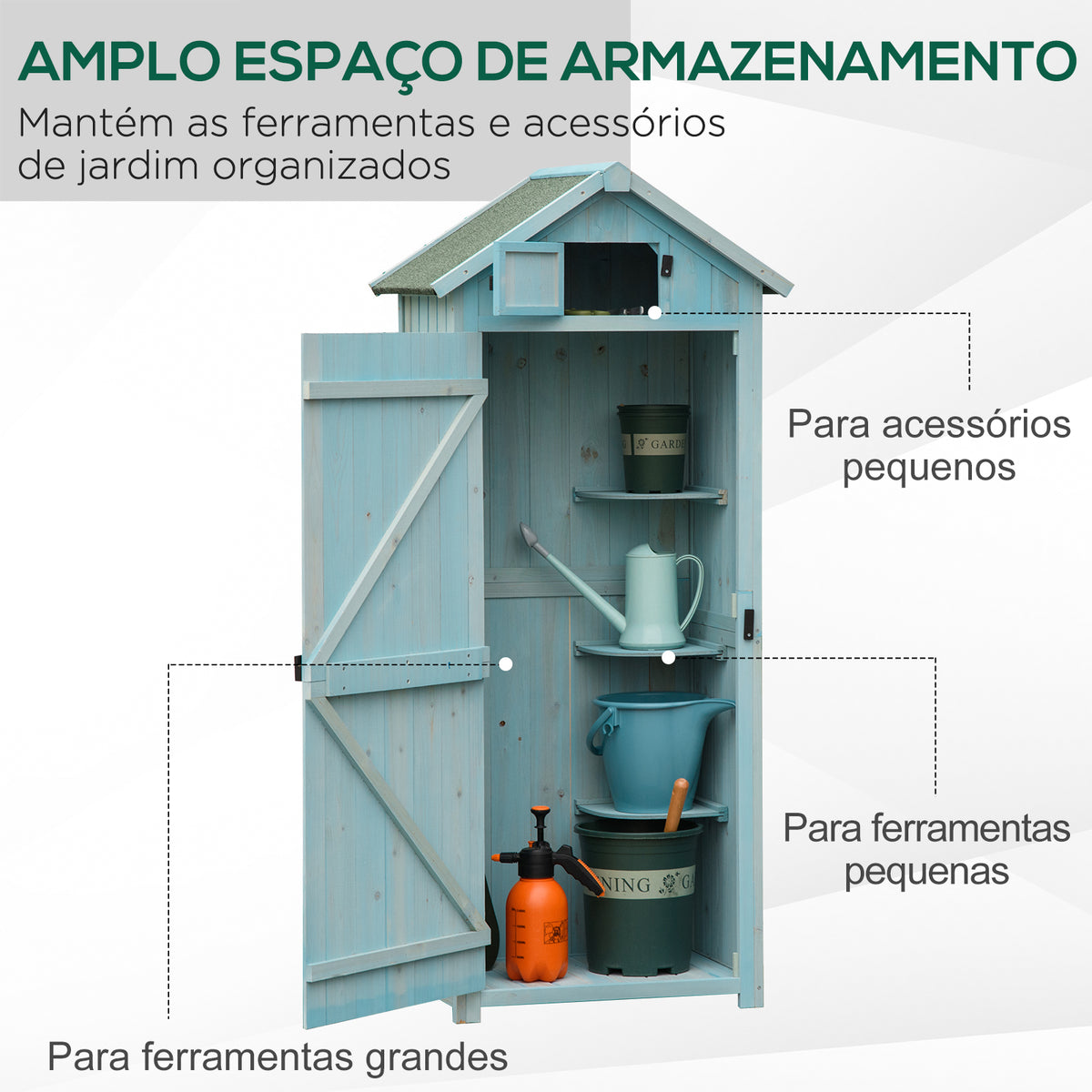 Armário de Jardim de Madeira 77x54,2x179 cm 0,3 m² Armário de Armazenamento de Ferramentas com 3 Prateleiras e 2 Portas com Fechadura para Pátio Varanda Azul Claro — foto 6