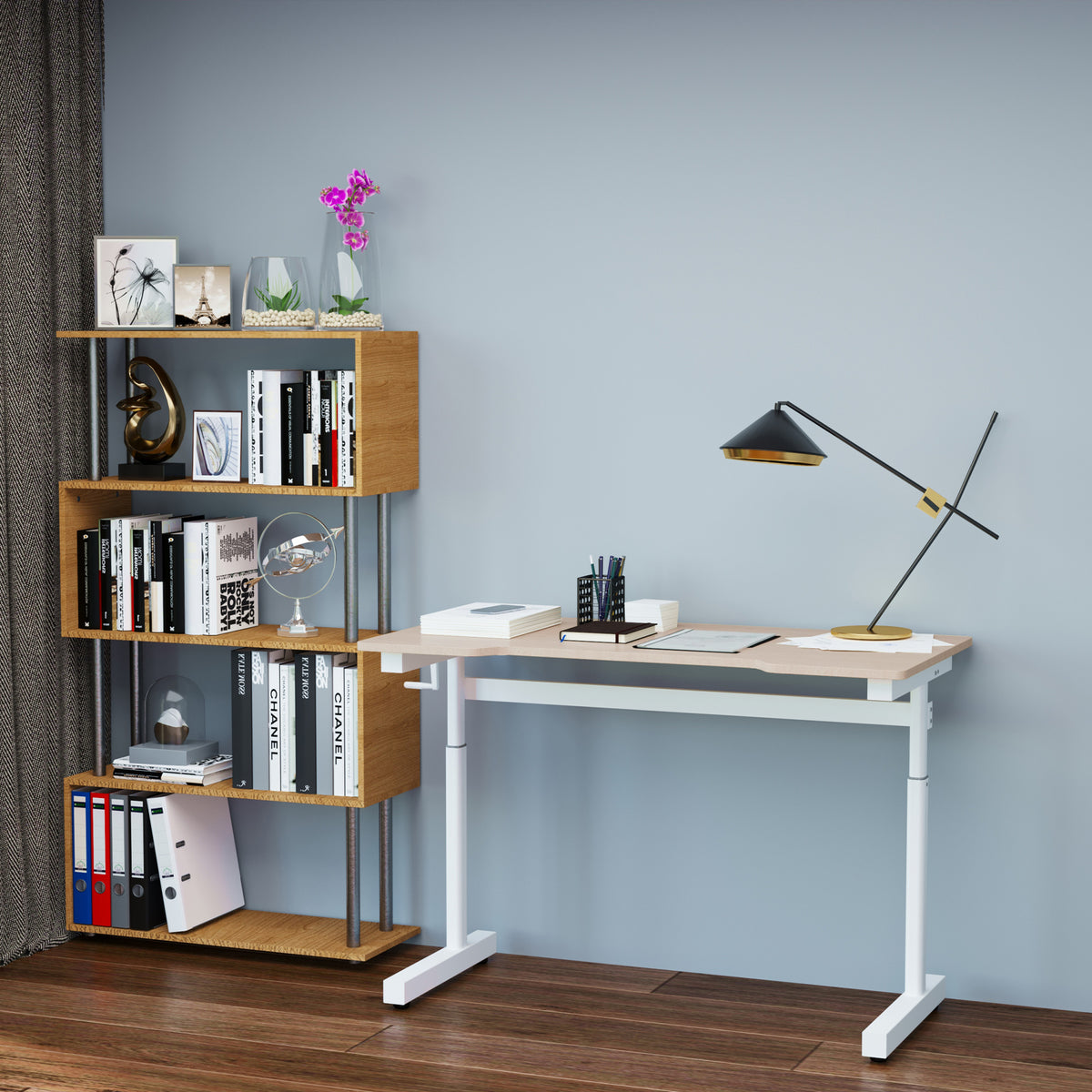 Secretária de Pé com Altura Ajustável a Manivela e Bancada de Carbono Secretária Elevatória para Escritório Estúdio Sala de Estar Carga Máxima 150kg 120x60x72-117cm Madeira e Branco — foto 2