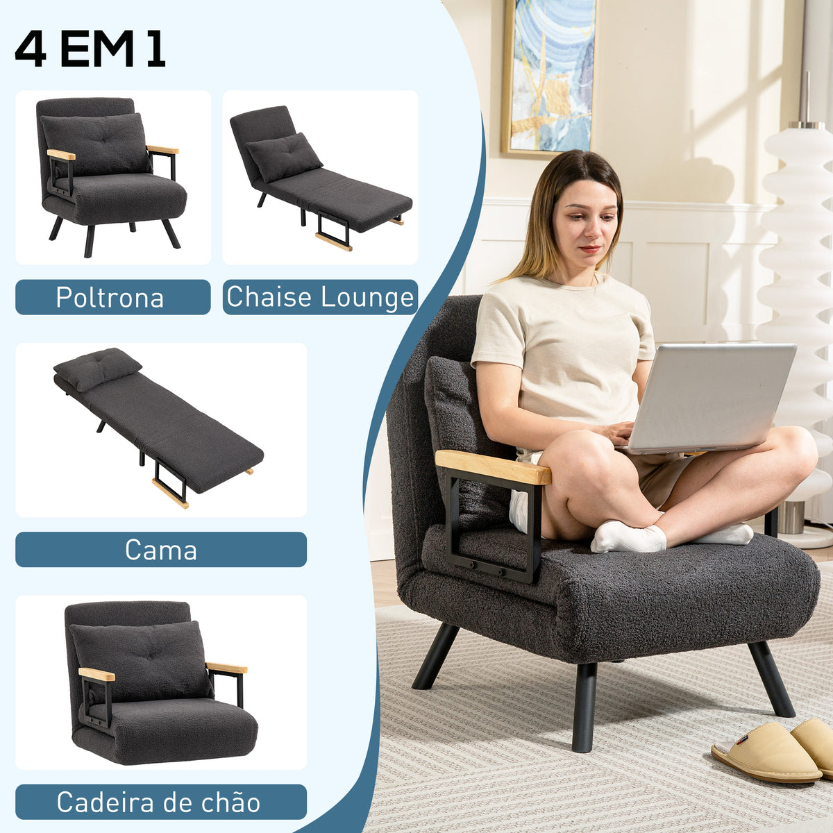 Poltrona Convertível em Cama Dobrável Poltrona 3 em 1 Convertível em Cama com Encosto Ajustável em 5 Níveis e Almofada Acolchoada para Escritório Sala de Estar Carga 120 kg 63x73x81 cm Cinza - Modelo 2 — foto 4