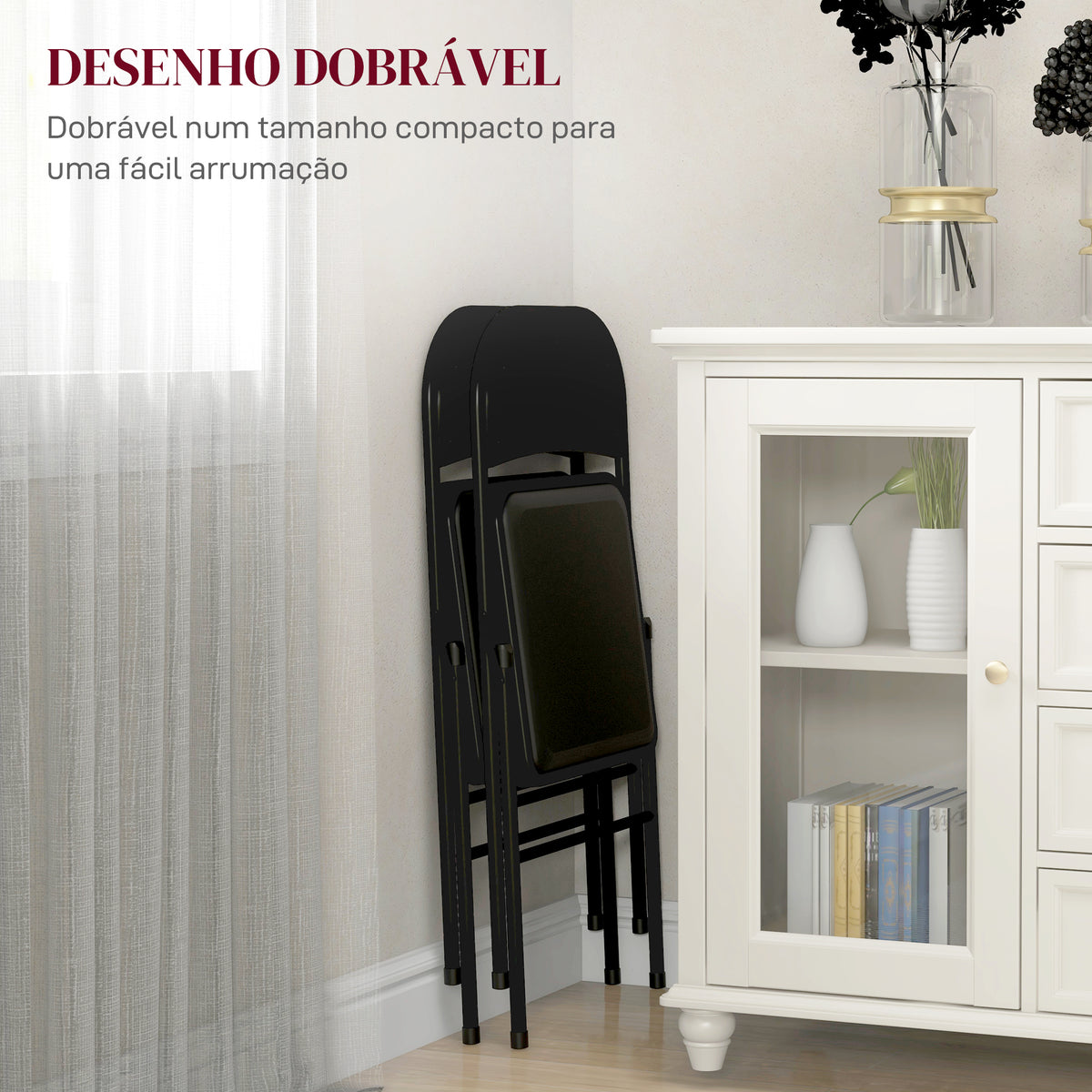 Conjunto de 2 Cadeiras Dobráveis Cadeiras Dobráveis com Encosto e Estrutura de Aço para Sala de Estar Escritório Estúdio 45x46x78 cm Preto — foto 6