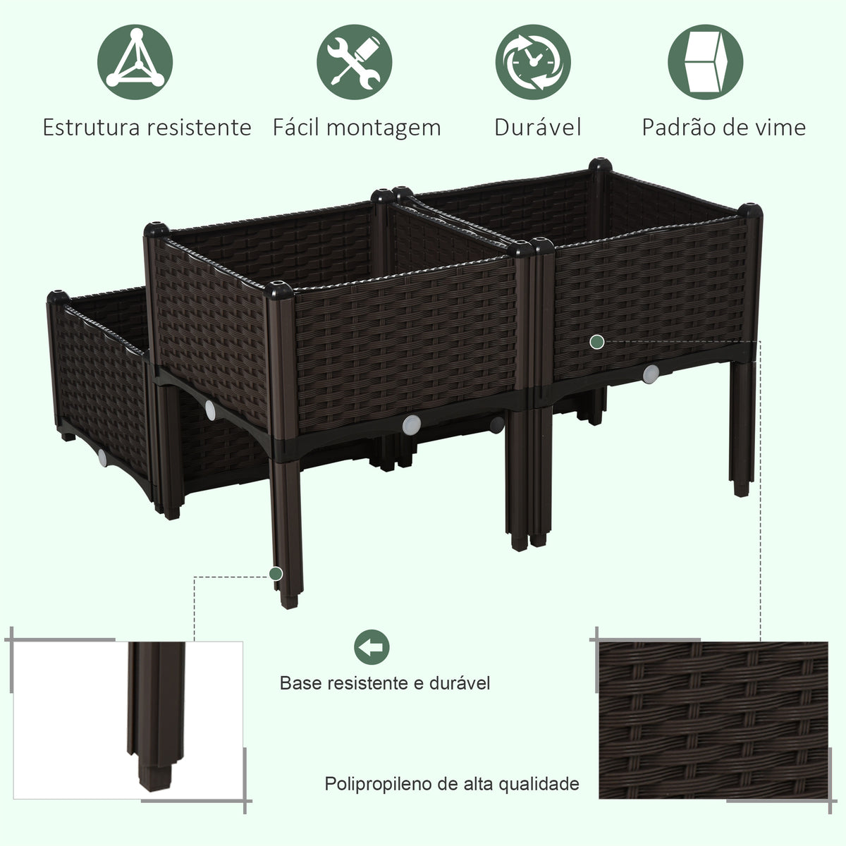 Conjunto de 4 Floreiras Quadradas Floreiras para Flores e Vegetais com Orifícios de Drenagem e Pés Altos 80x40x26-44 cm Marrom — foto 4