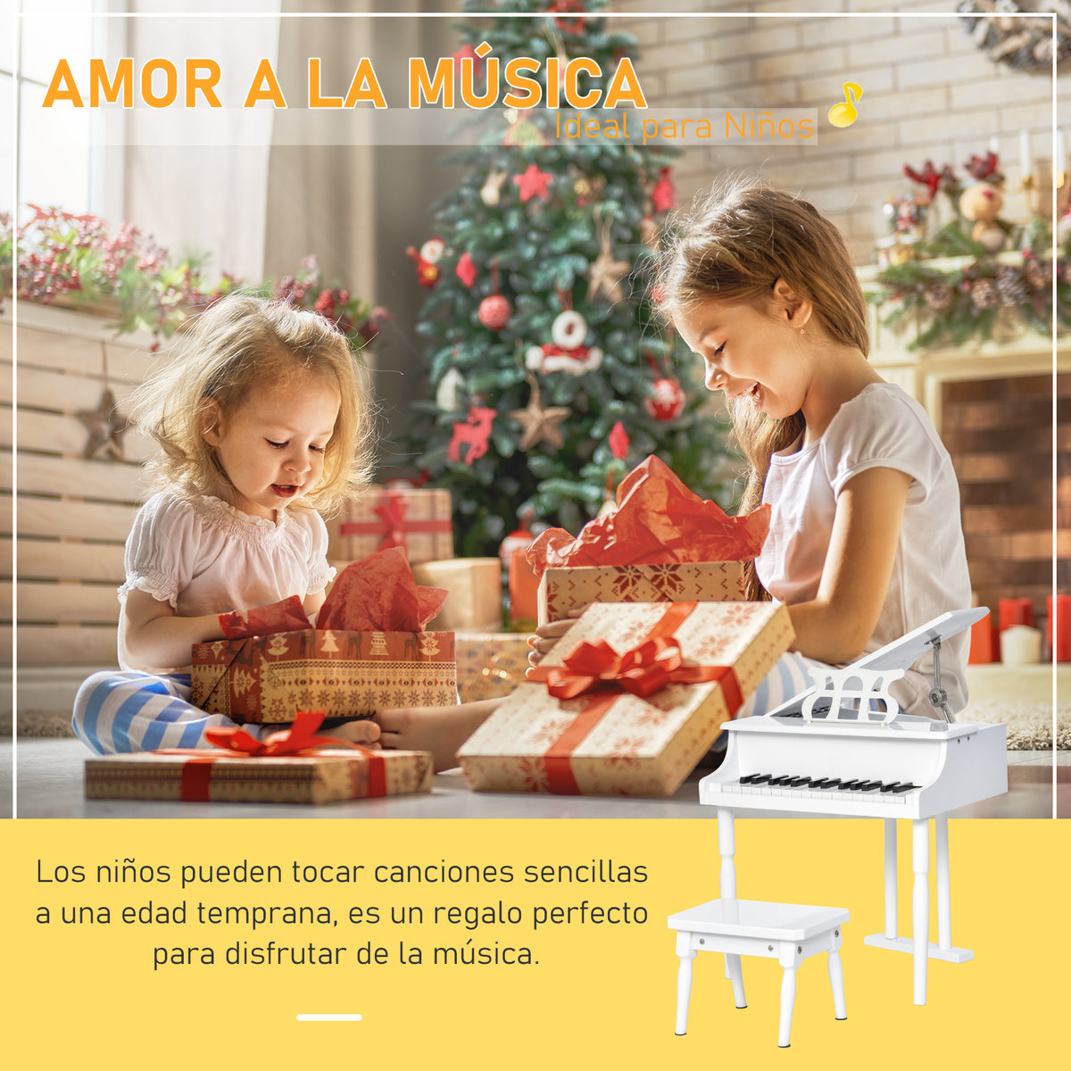 Piano de Cauda Infantil com 30 Teclas Banco Suporte de Partituras Piano para Crianças de MDF Instrumento Musical Educativo 52x50x49cm Branco — foto 4