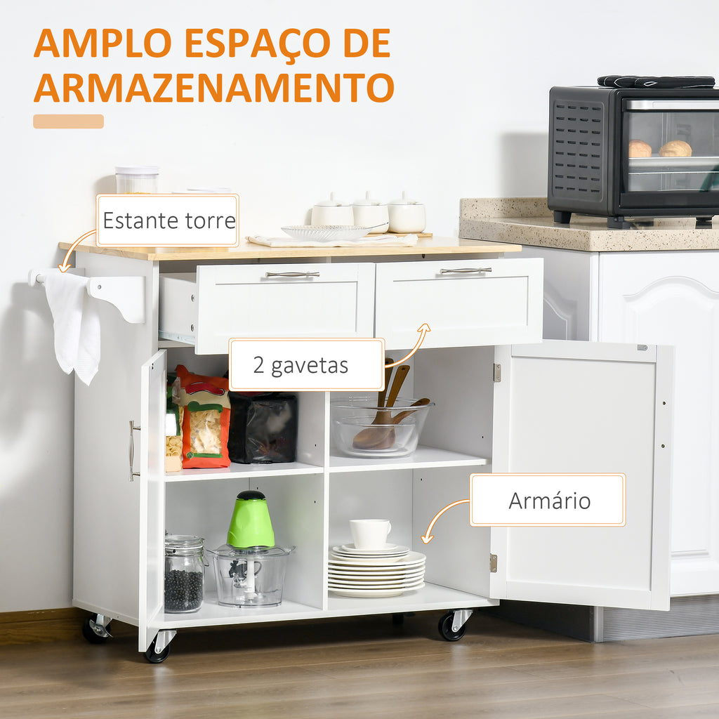 Carrinho de Cozinha com Rodas Móvel Auxiliar de Cozinha com 2 Gavetas 2 Portas Prateleira Ajustável e Suporte para Guardanapos para Sala de Jantar Sala de Estar 104x46x91 cm Branco — foto 4