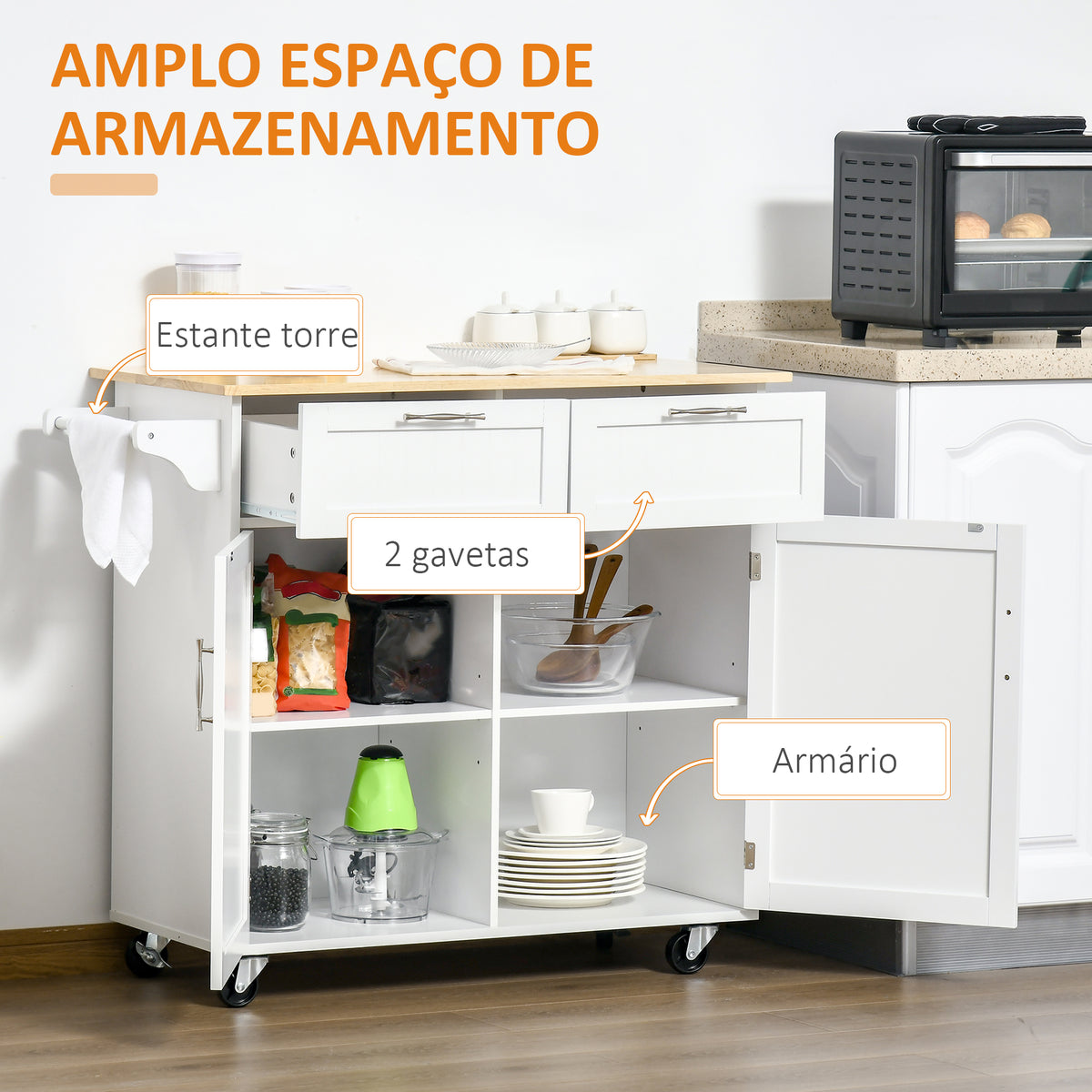 Carrinho de Cozinha com Rodas Móvel Auxiliar de Cozinha com 2 Gavetas 2 Portas Prateleira Ajustável e Suporte para Guardanapos para Sala de Jantar Sala de Estar 104x46x91 cm Branco — foto 4