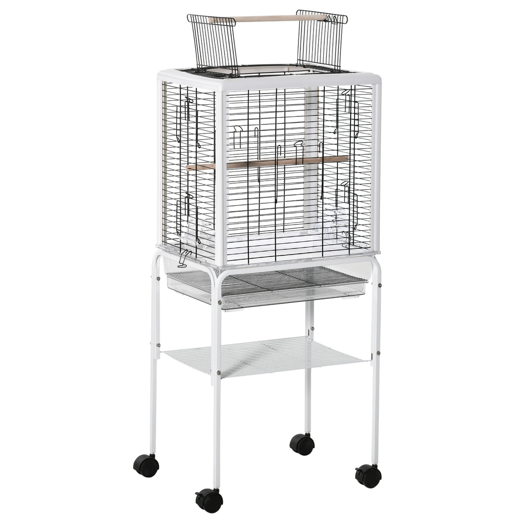Gaiola para Passáros com Suporte Desmontável Gaiola com 4 Rodas Teto com Abertura 2 Comedouros 2 Poleiros e Bandeja para Periquitos Canários 47x35x106,5cm Branco — foto 1
