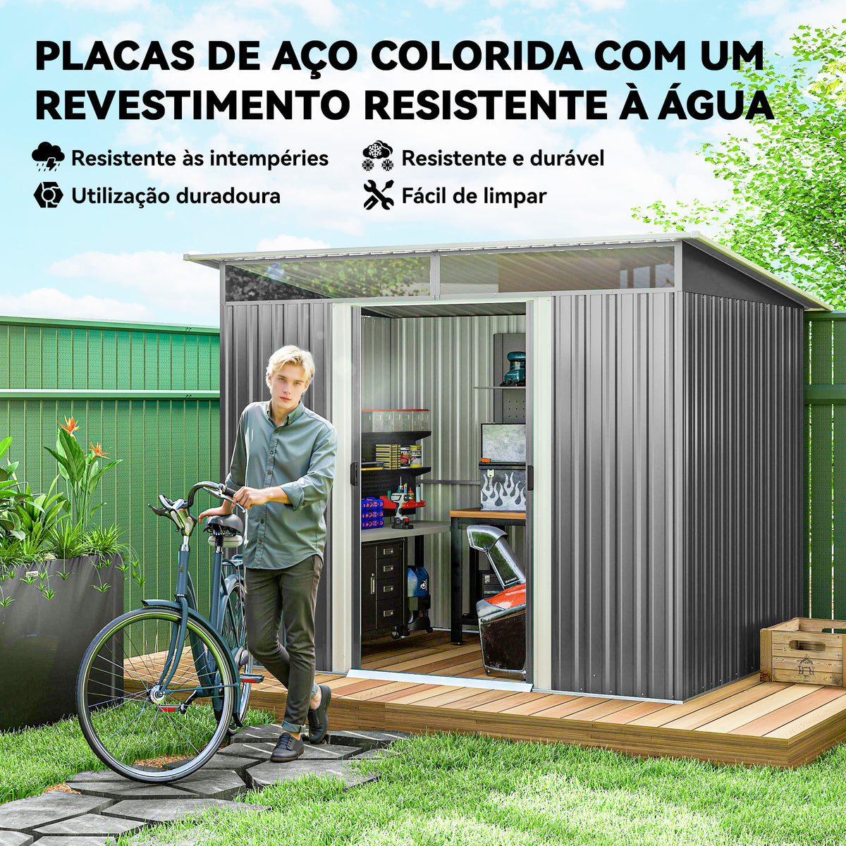 Abrigo de Jardim 4,5 m² 260x194x200 cm Abrigo Exterior Metálico com Painéis Frontais Transparentes e 2 Portas Deslizantes para Armazenamento de Ferramentas Cinzento — foto 4