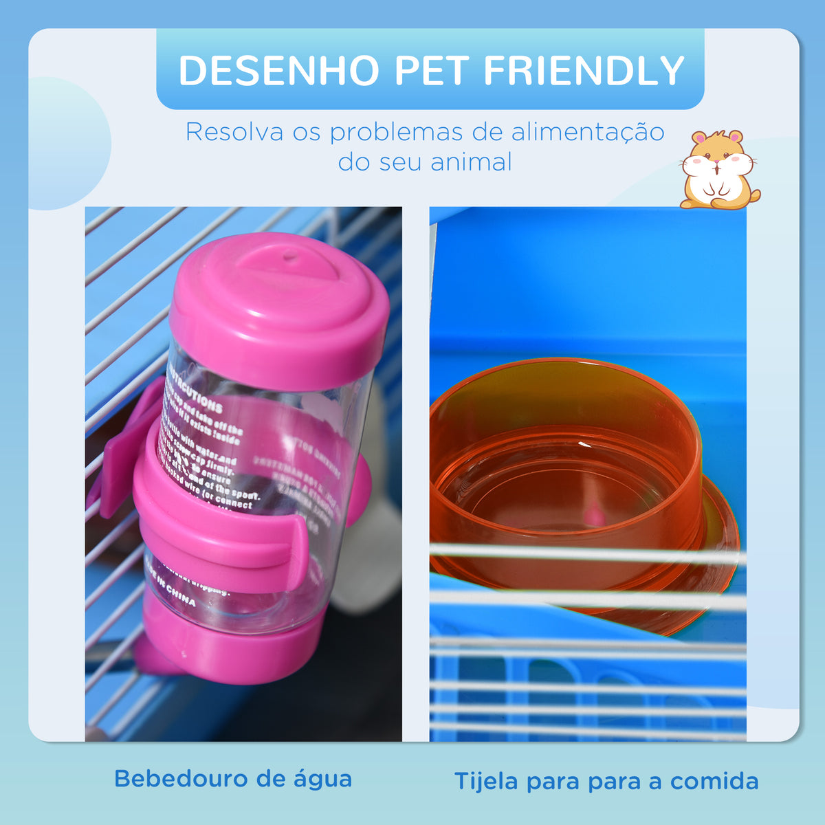 Gaiola para Hamster, Casa para Hamster com Túnel, Comedouro, Bebedouro, Casinha, Rampa, Roda de Exercício, Plataforma e Alça, Bandeja Removível, para Ratos e Gerbos, 46x30x37 cm, Azul — foto 5