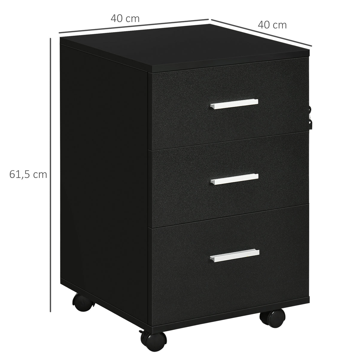 Bloco de Gavetas para Escritório Móvel de Arquivos com 3 Gavetas 4 Rodas e Fechadura com 2 Chaves para Escritório Secretária Casa 40x40x61,5 cm Preto — foto 3