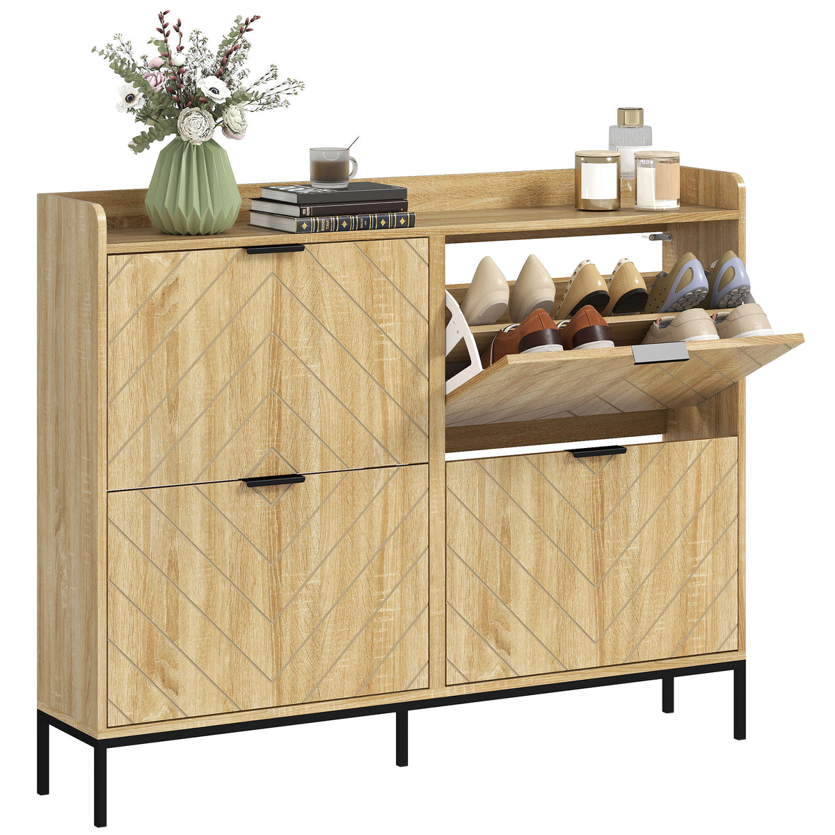 Sapateira Estreita com 4 Portas Rebatíveis Sapateira para Entrada com Prateleiras Ajustáveis para 16 Pares de Sapatos para Corredor Espaços Reduzidos 120x23,5x95,5 cm Madeira — foto 1
