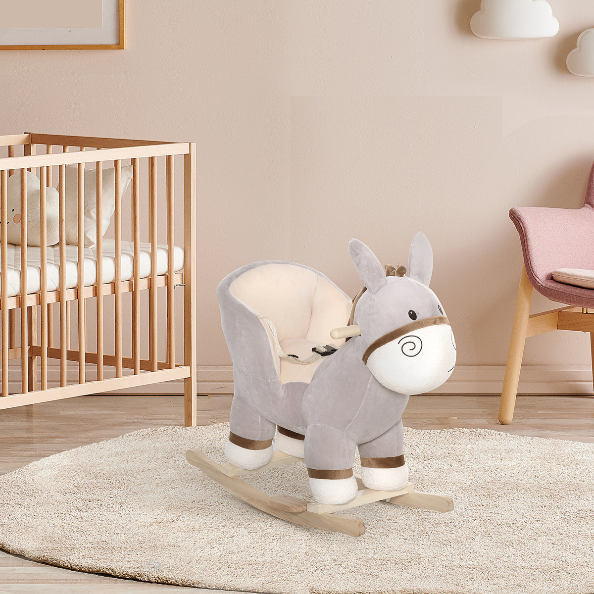 Baloiço Infantil em Forma de Burro de Pelúcia para Bebés 18-36 Meses com Som Cinto de Segurança Guidão Apoio para os Pés 61x34x58 cm Cinza — foto 2