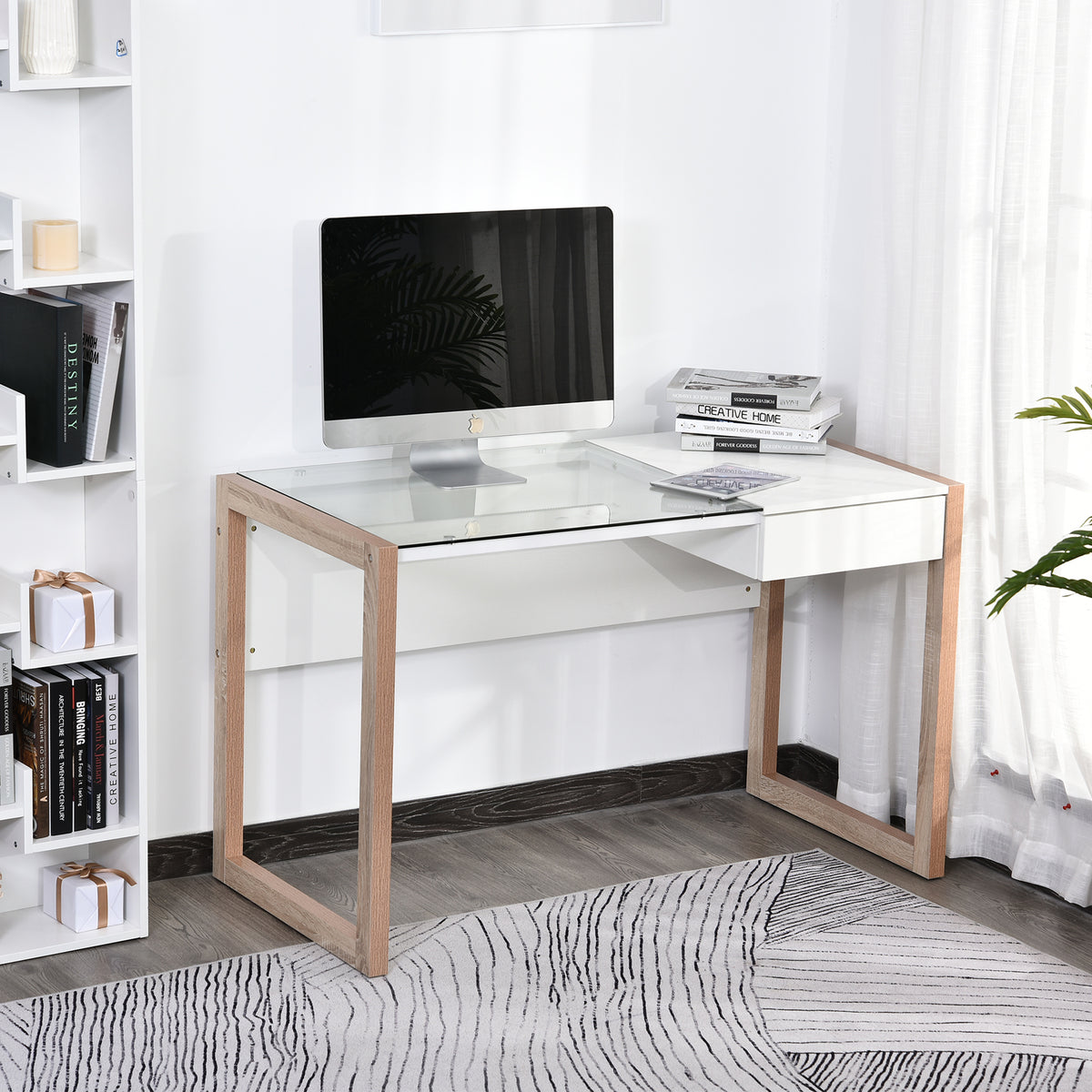 Secretária para escritorio estudo Design moderno com tampo de vidro temperado Gaveta Combinação de estilos 120x60x75 cm branco — foto 2