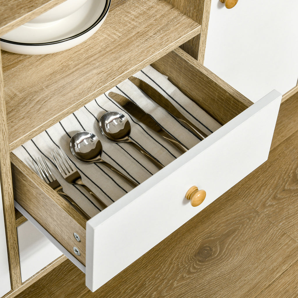 Aparador de Sala de Estar com 2 Portas 2 Gavetas e 2 Prateleiras Abertas Móvel Auxiliar de Armazenamento para Cozinha Entrada 100x30x85cm Branco e Natural — foto 7