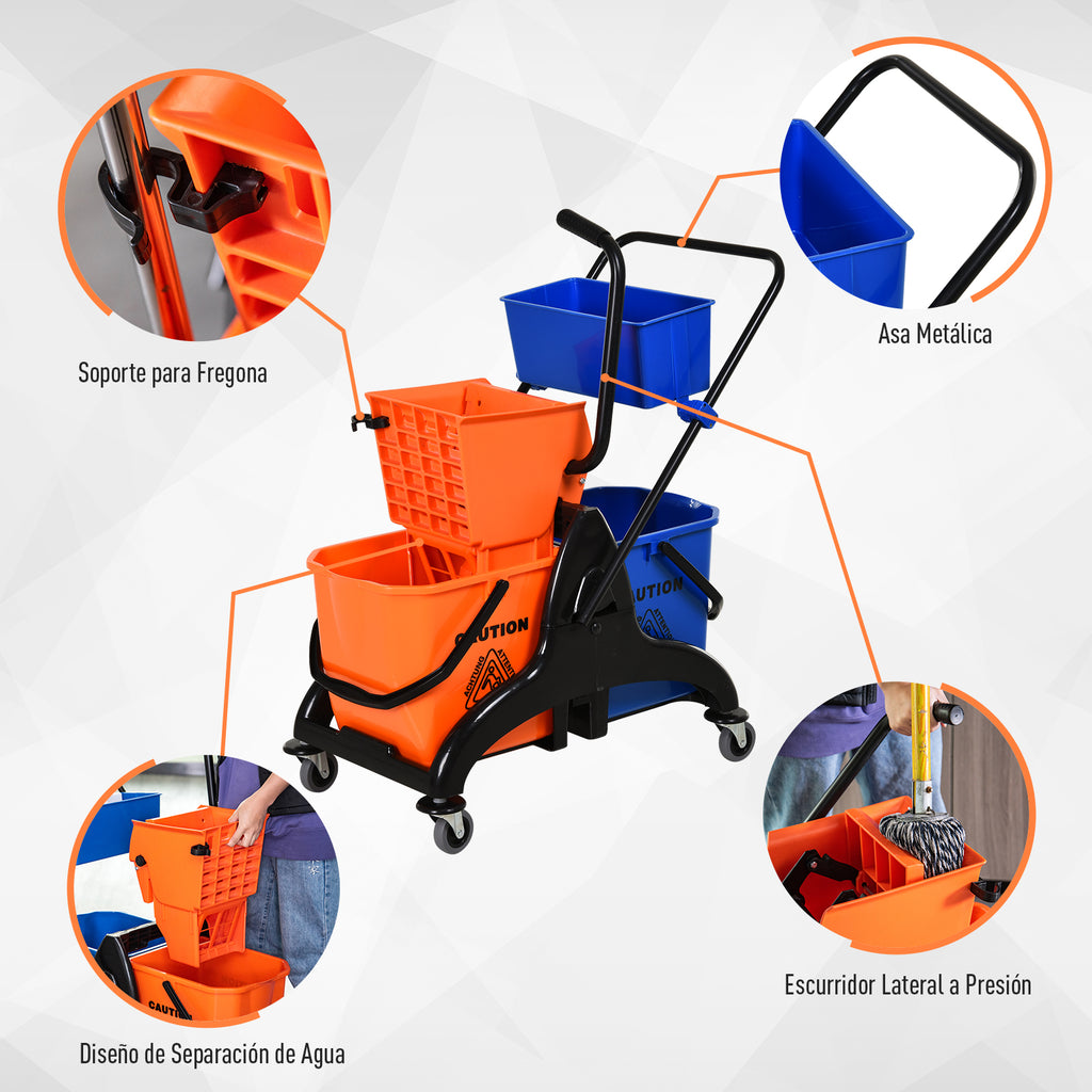 Balde para esfregona comercial Balde para esfregona com escorredor de baixa pressão 26L Capacidade com 4 rodas silenciosas Baldes separados duplos 78x45x95cm Laranja e azul — foto 6